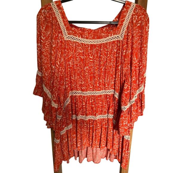 Free People Talk About It Tunic Top Bell Sleeves Orange Floral Size Medium - Picture 3 of 12